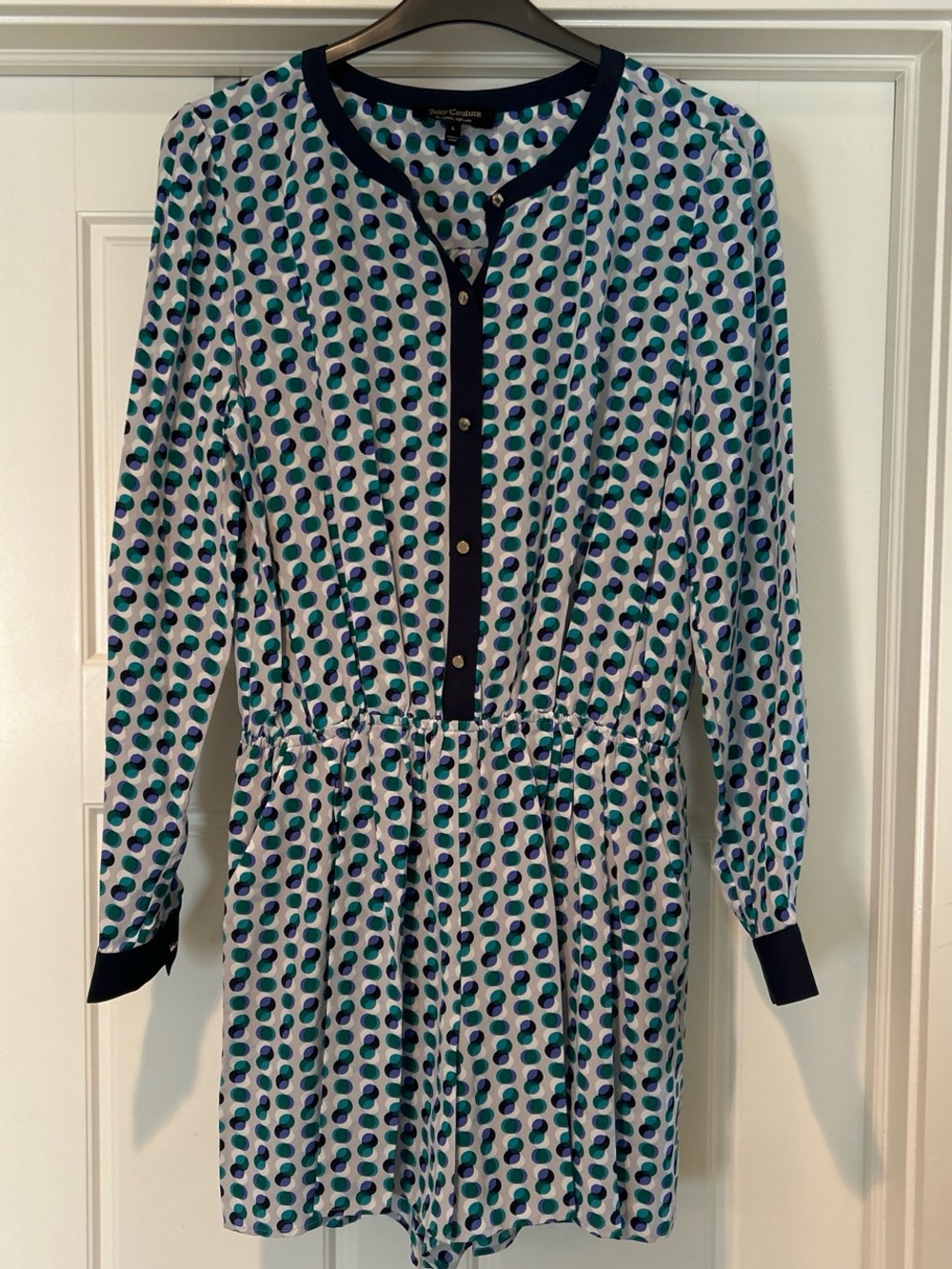 Juicy Couture Teal & Navy Polka Dot Long-Sleeve Silk Romper
